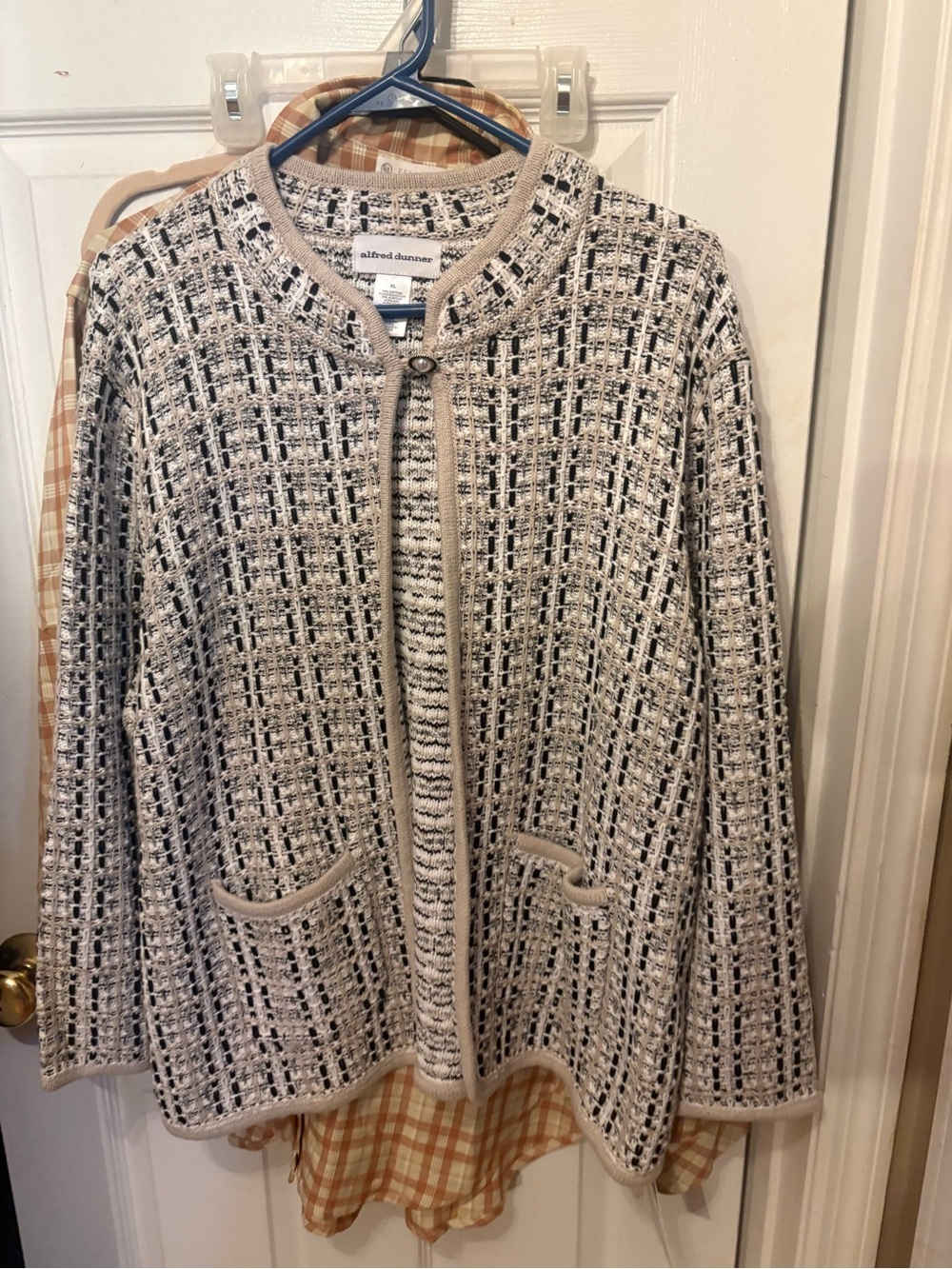 Alfred Dunner Cream & Black Tweed Open Knit Cardigan